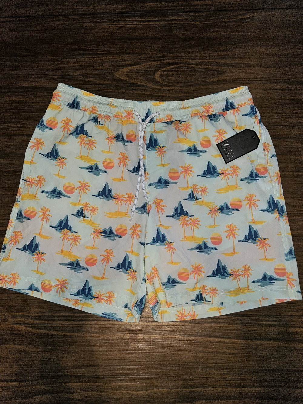 Light Blue Tropical Print Men’s Swim Trunks with Drawstring